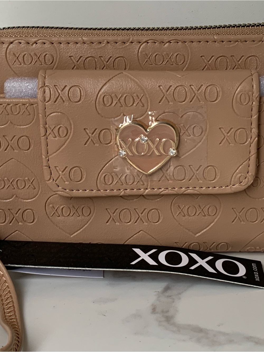 XOXO Beige/Tan Embossed Heart Logo Clutch with Gold Accent